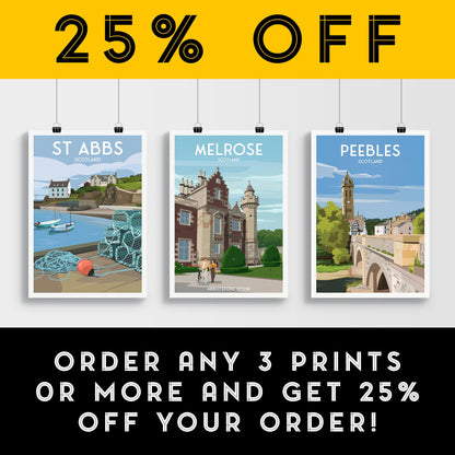 Melrose Travel Poster – Abbotsford House, Scotland | Vintage Style Wall Art Print | A4–A1 Sizes | Modern Illustration