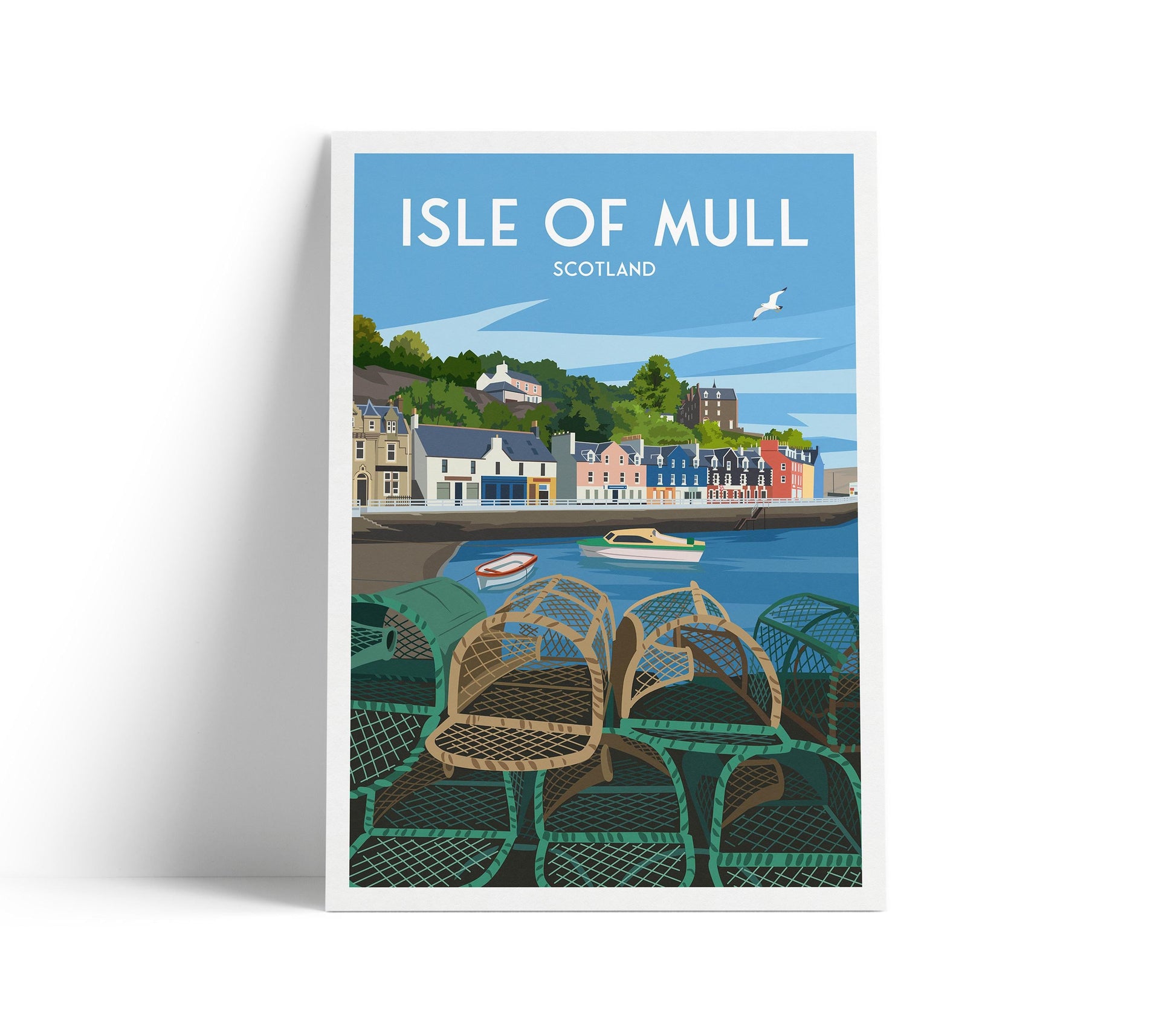 Isle of Mull Travel Poster – A4 to A1 Wall Art Print | Tobermory Harbour Illustration | Scotland Coastal Poster