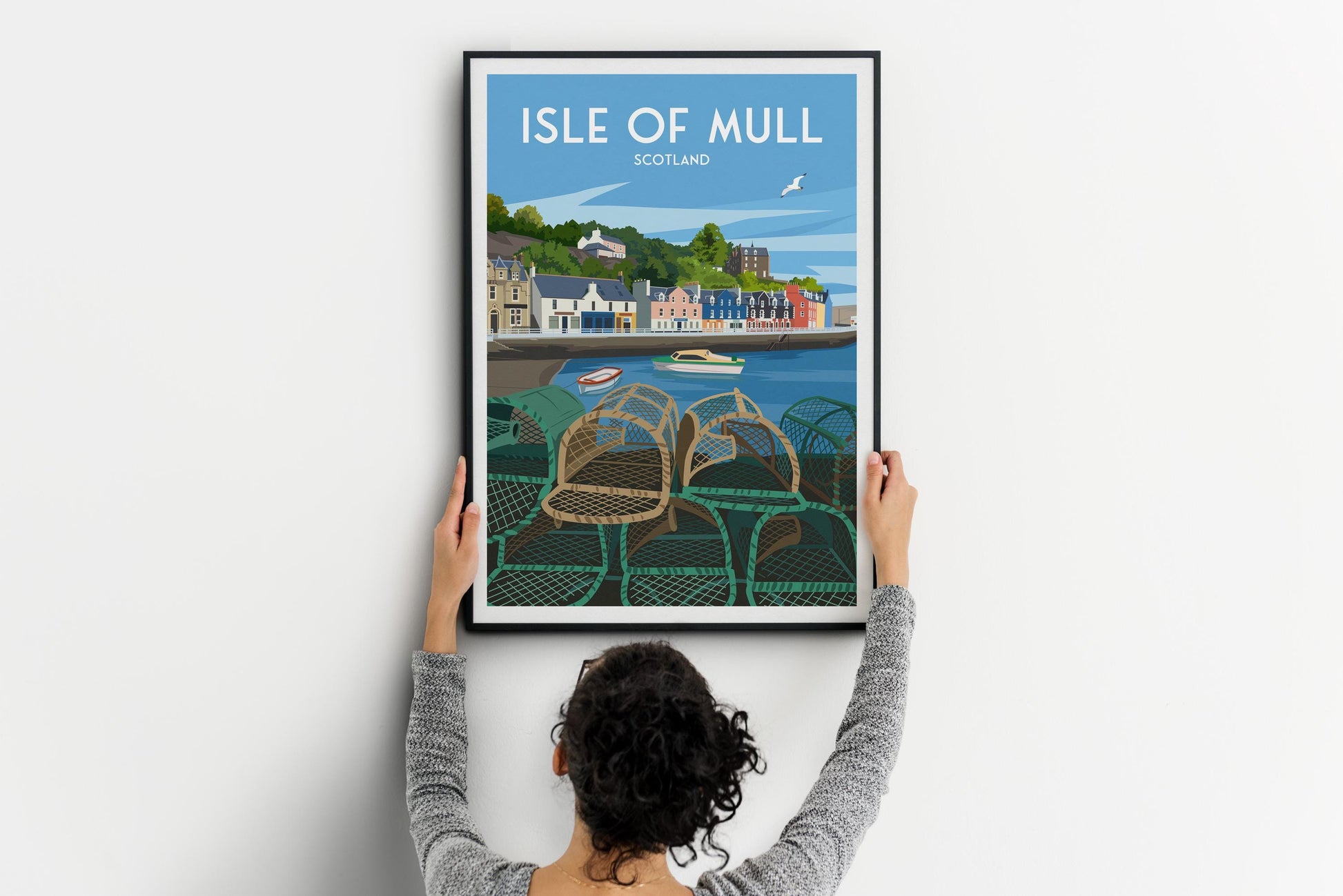 Isle of Mull Travel Poster – A4 to A1 Wall Art Print | Tobermory Harbour Illustration | Scotland Coastal Poster