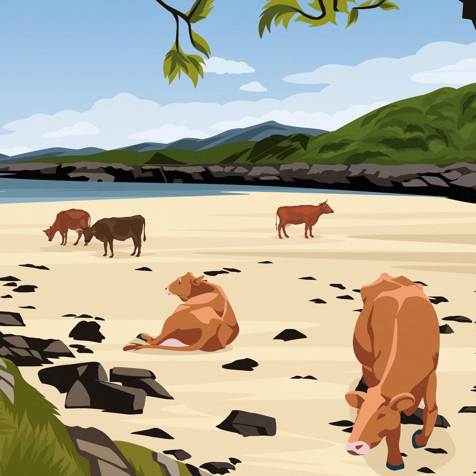 Arisaig Travel Poster – Scottish Highlands Wall Art Print | Beach Cows Illustration | A4–A1 Sizes | Matt or Satin Finish