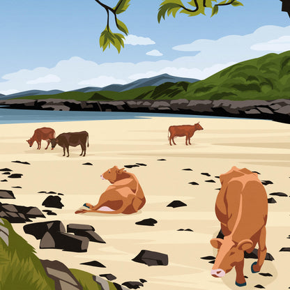 Arisaig Travel Poster – Scottish Highlands Wall Art Print | Beach Cows Illustration | A4–A1 Sizes | Matt or Satin Finish