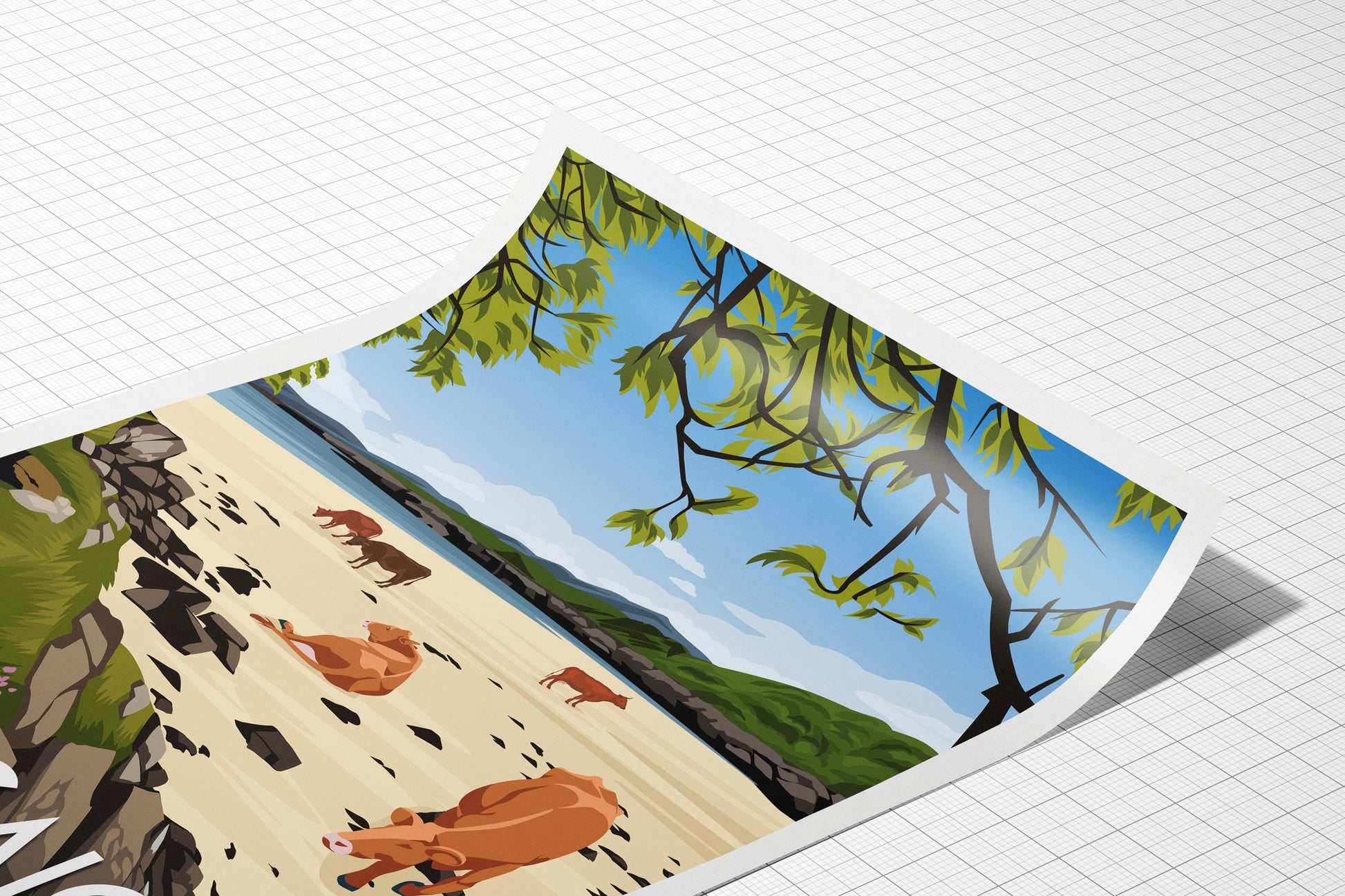 Arisaig Travel Poster – Scottish Highlands Wall Art Print | Beach Cows Illustration | A4–A1 Sizes | Matt or Satin Finish