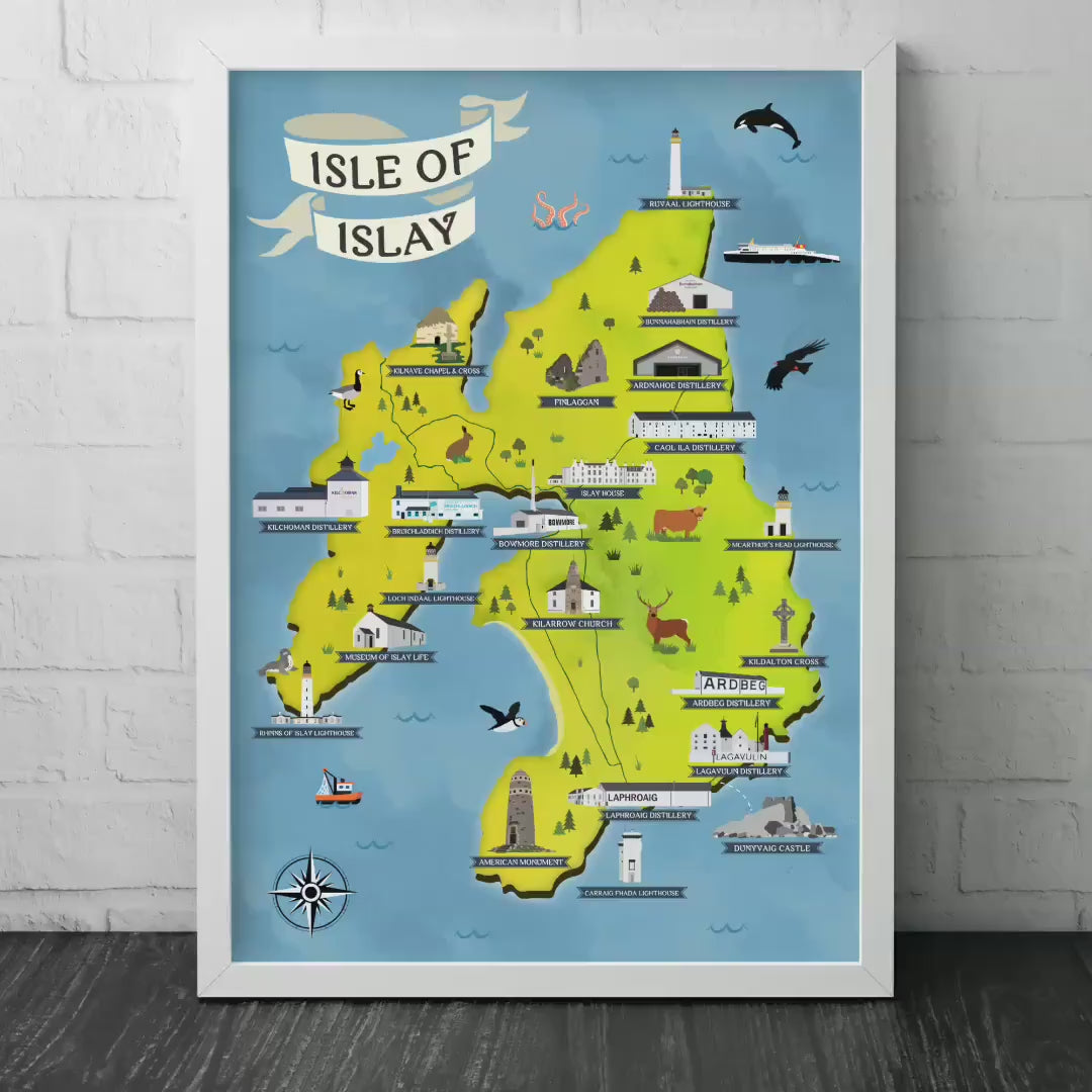 Isle of Islay Map | Pictorial Lighthouse Poster  | Whisky Distilleries  |  Scottish Highlands | Castle | Monumants  | Puffin  | Seal | Deer