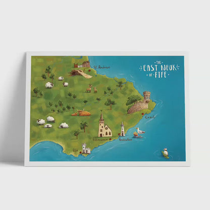 New East Neuk of Fife Illustrated Map | Elie  |  Pittenweem | Anstruther | Crail  | St Andrews  | Isle of May | Whimsical Print