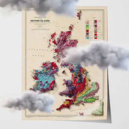 British Islands Geology Elevation Map - 2D Giclée Vintage United Kingdom & Ireland Poster - Geological Survey 3D effect shaded relief Print