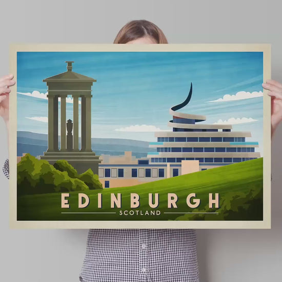 Edinburgh Print featuring Calton Hill and St James Quarter, Vintage looking Edinburgh Travel Poster, Scottish Art, Wall Art