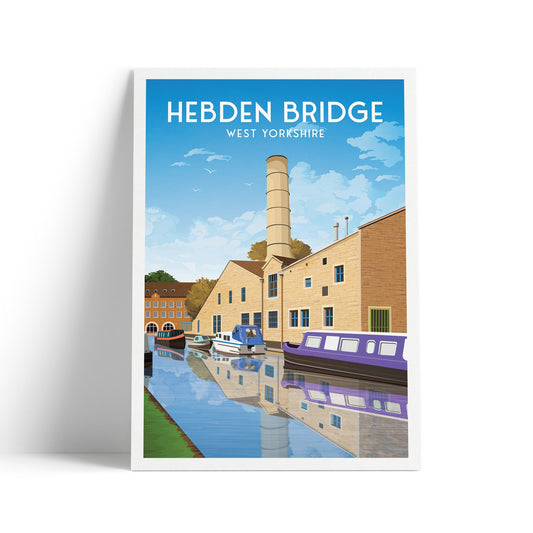 Hebden Bridge Travel Poster - West Yorkshire - Rochdale Canal - Textile Mill - Halifax - England - Wall Art Print