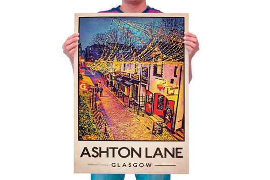 Ashton Lane Poster, Vintage looking Glasgow street illustration,  Glasgow Print, Scottish Art, Scottish Gifts, Vintage Scotland