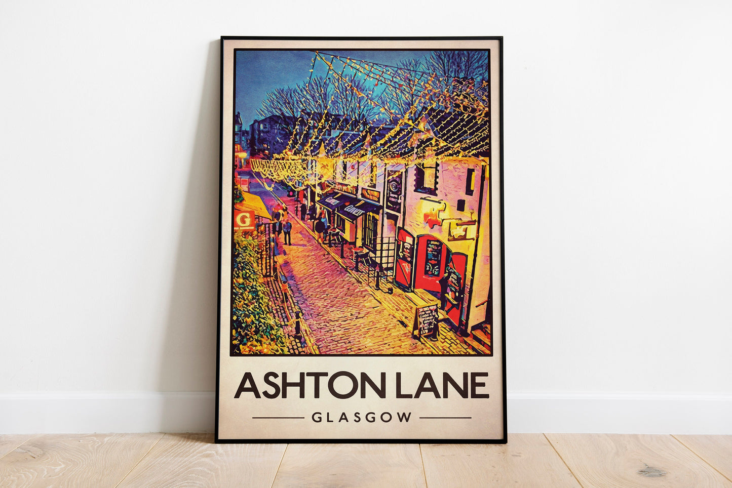 Ashton Lane Poster, Vintage looking Glasgow street illustration,  Glasgow Print, Scottish Art, Scottish Gifts, Vintage Scotland