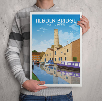 Hebden Bridge Travel Poster - West Yorkshire - Rochdale Canal - Textile Mill - Halifax - England - Wall Art Print