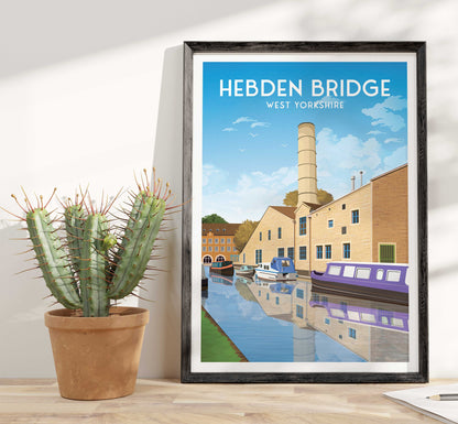 Hebden Bridge Travel Poster - West Yorkshire - Rochdale Canal - Textile Mill - Halifax - England - Wall Art Print