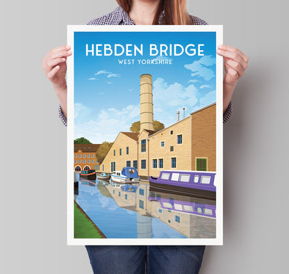 Hebden Bridge Travel Poster - West Yorkshire - Rochdale Canal - Textile Mill - Halifax - England - Wall Art Print