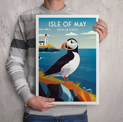 Isle of May Travel Poster - Puffin and Lighthouse | Firth of Forth | Vintage-Inspired Print