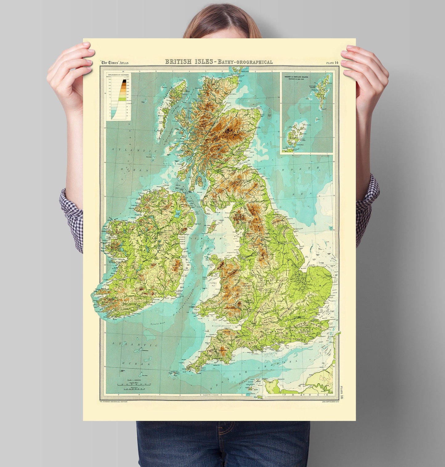 British Isles Map - bathyorographical - ocean depths and mountain heights Relief Map