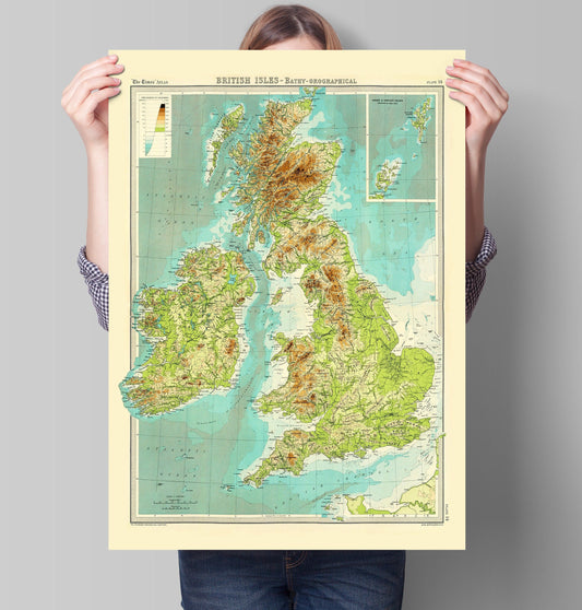 British Isles Map - bathyorographical - ocean depths and mountain heights Relief Map