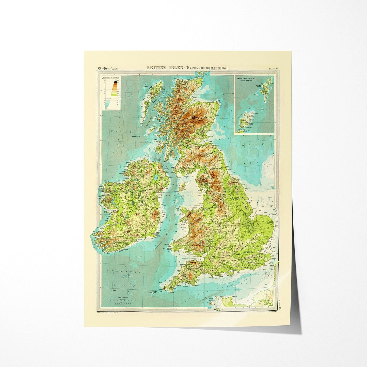 British Isles Map - bathyorographical - ocean depths and mountain heights Relief Map