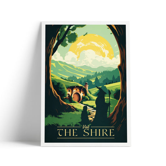 The Shire Travel Poster | Gandalf | Hobbiton Retro Middle-Earth Print | Dragon | Vintage Travel Poster Art | LOTR