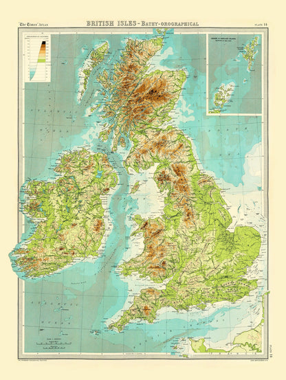 British Isles Map - bathyorographical - ocean depths and mountain heights Relief Map