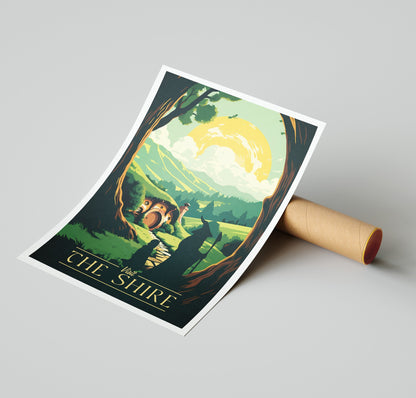 The Shire Travel Poster | Gandalf | Hobbiton Retro Middle-Earth Print | Dragon | Vintage Travel Poster Art | LOTR