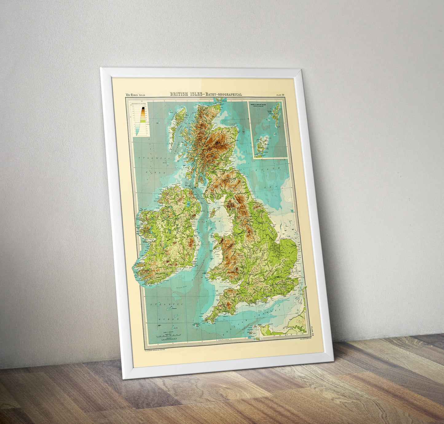 British Isles Map - bathyorographical - ocean depths and mountain heights Relief Map