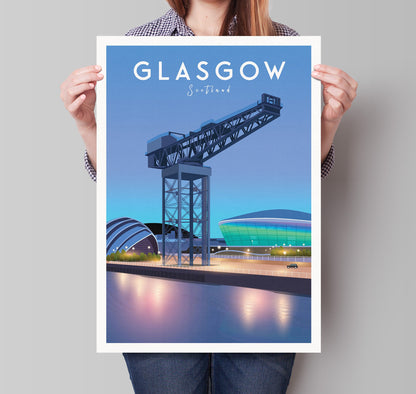 Glasgow Finnieston Travel Poster - Glasgow Print - Scottish Wall Art - Historical Landmark - Crane - SEC Armadillo - The Clyde Auditorium