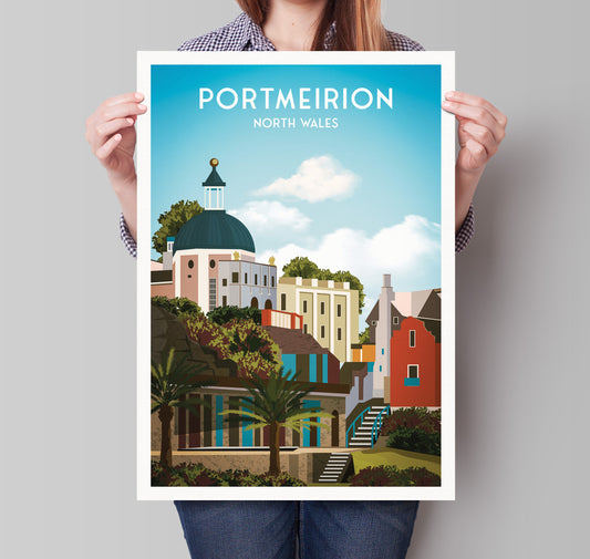 Portmeirion Art Print - Gwynedd North Wales, Seaside Poster, Welsh Travel Poster, Wall Art Illustration, Portmeirion Village