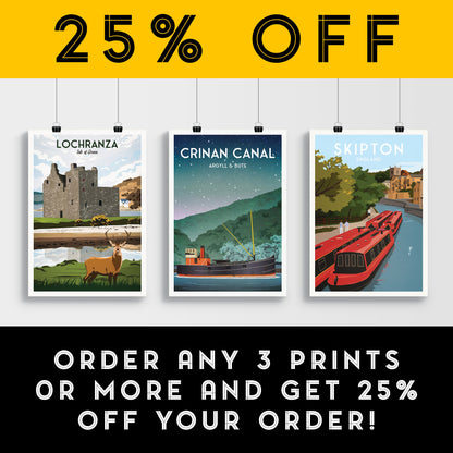 Crinan Canal Travel Poster with Puffer Steamboat | Argyll and Bute | A3, A2, A1 Sizes