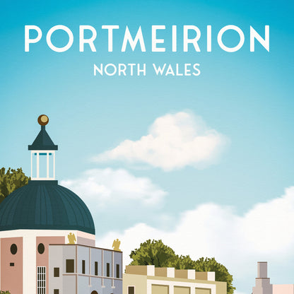 Portmeirion Art Print - Gwynedd North Wales, Seaside Poster, Welsh Travel Poster, Wall Art Illustration, Portmeirion Village