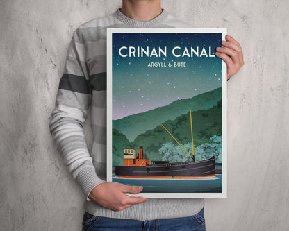 Crinan Canal Travel Poster with Puffer Steamboat | Argyll and Bute | A3, A2, A1 Sizes