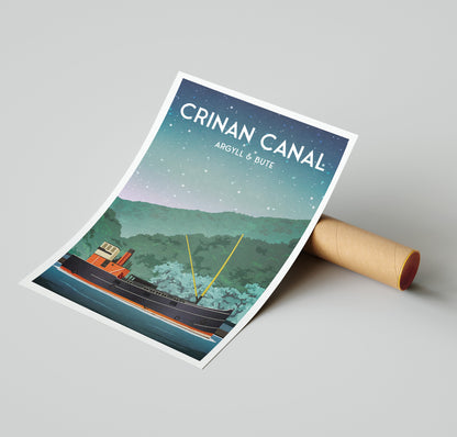 Crinan Canal Travel Poster with Puffer Steamboat | Argyll and Bute | A3, A2, A1 Sizes