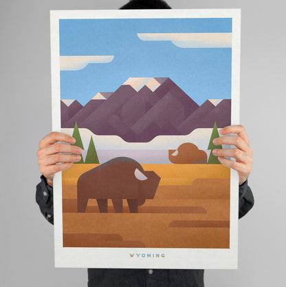 Wyoming Travel Poster, retro USA print, Colourful American Wall Art Decor, Buffalo illustration