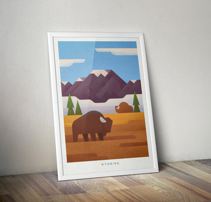 Wyoming Travel Poster, retro USA print, Colourful American Wall Art Decor, Buffalo illustration