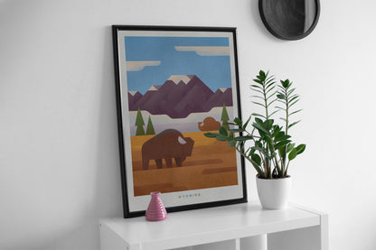 Wyoming Travel Poster, retro USA print, Colourful American Wall Art Decor, Buffalo illustration