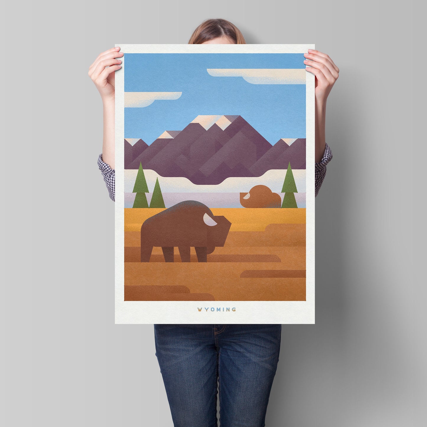 Wyoming Travel Poster, retro USA print, Colourful American Wall Art Decor, Buffalo illustration