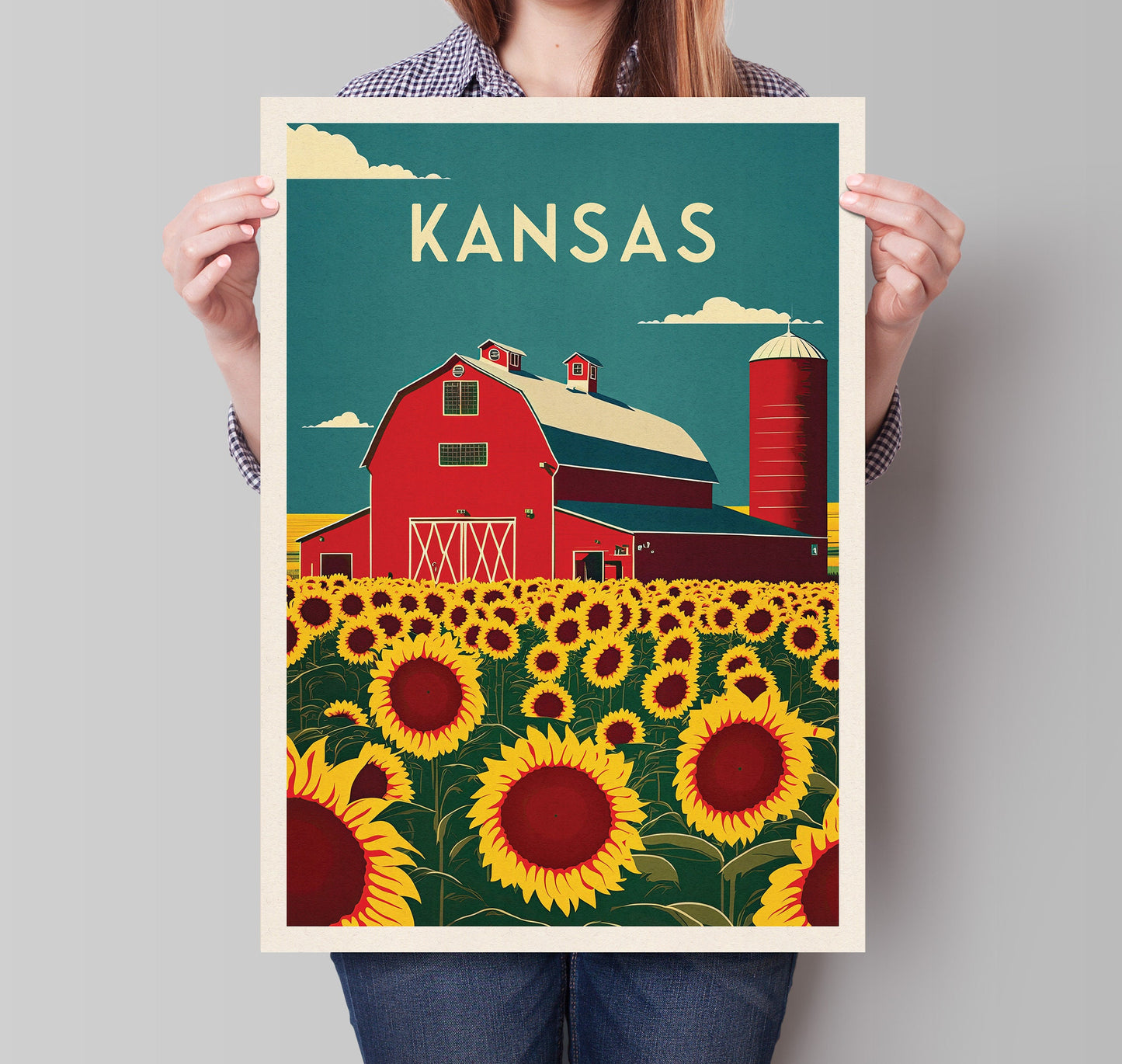 Kansas Travel Poster Print | Sunflowers | Art Wall Decor| Kansas Wall Art | America | Kansas Landscape | Travel Poster | Gift