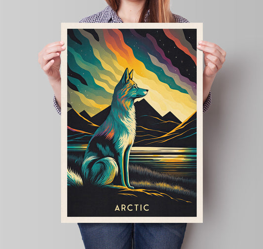 Arctic | Arctic Fox | Vulpes lagopus | Northern Lights | aurora borealis | white fox | polar fox | snow fox | Travel Poster | Gift