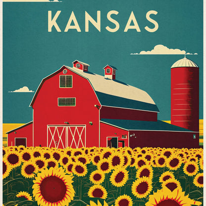 Kansas Travel Poster Print | Sunflowers | Art Wall Decor| Kansas Wall Art | America | Kansas Landscape | Travel Poster | Gift