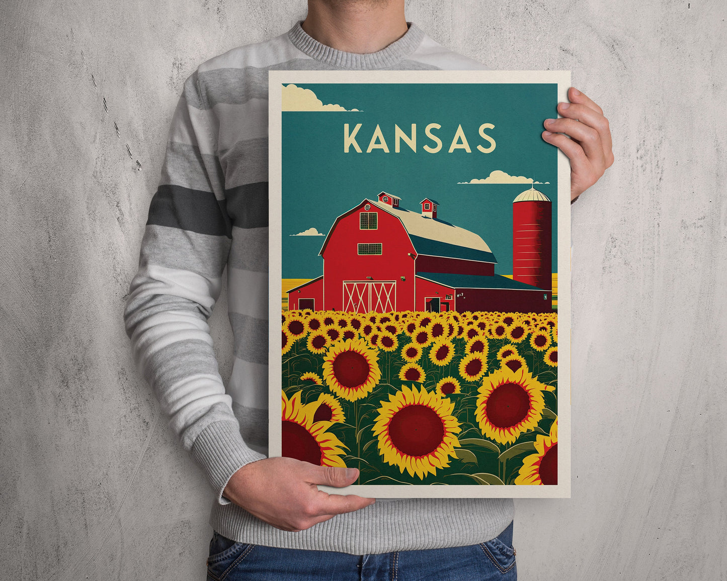 Kansas Travel Poster Print | Sunflowers | Art Wall Decor| Kansas Wall Art | America | Kansas Landscape | Travel Poster | Gift