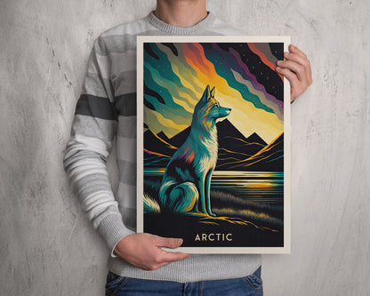 Arctic | Arctic Fox | Vulpes lagopus | Northern Lights | aurora borealis | white fox | polar fox | snow fox | Travel Poster | Gift