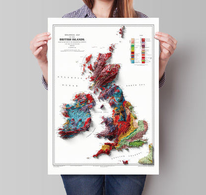 British Islands Geology Elevation Map - 2D Relief Map Print With 3D Illusion - Professionally Restored Poster of United Kingdom & Ireland