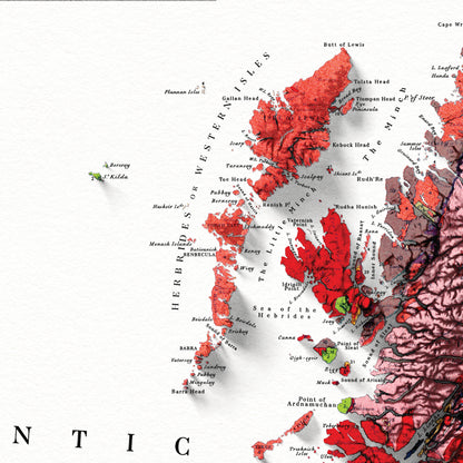 British Islands Geology Elevation Map - 2D Relief Map Print With 3D Illusion - Professionally Restored Poster of United Kingdom & Ireland