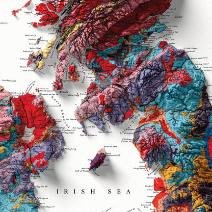 British Islands Geology Elevation Map - 2D Relief Map Print With 3D Illusion - Professionally Restored Poster of United Kingdom & Ireland