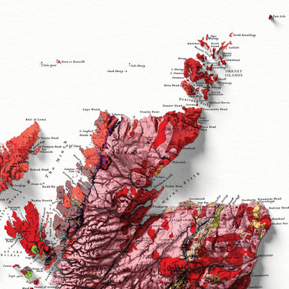 British Islands Geology Elevation Map - 2D Relief Map Print With 3D Illusion - Professionally Restored Poster of United Kingdom & Ireland