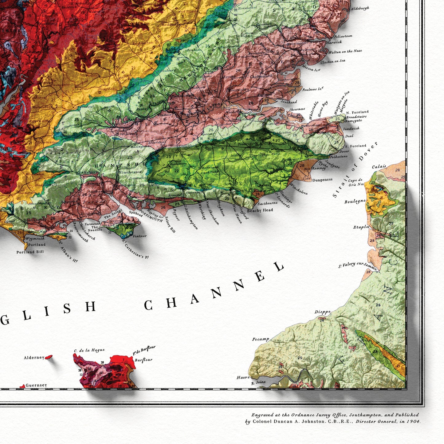 British Islands Geology Elevation Map - 2D Relief Map Print With 3D Illusion - Professionally Restored Poster of United Kingdom & Ireland