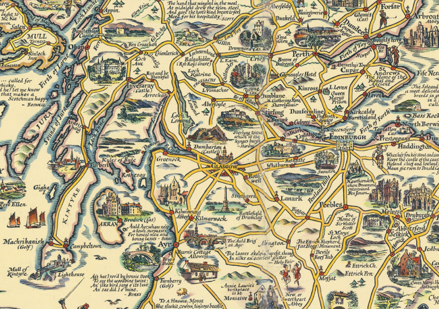 Illustrated Map of Scotland - Reproduction of Pratts high test plan of Scotland, Vintage Scottish Poster, Scottish Gift