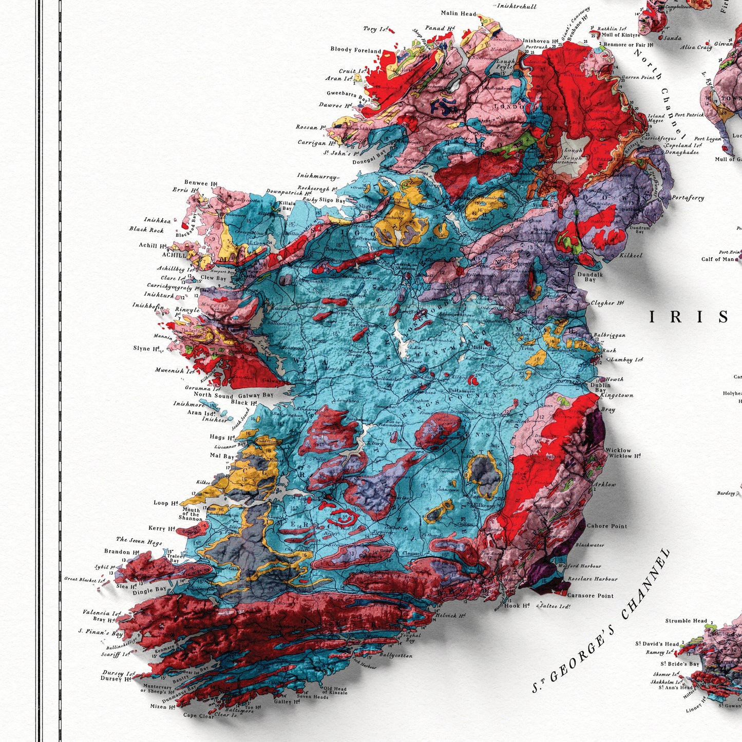 British Islands Geology Elevation Map - 2D Relief Map Print With 3D Illusion - Professionally Restored Poster of United Kingdom & Ireland