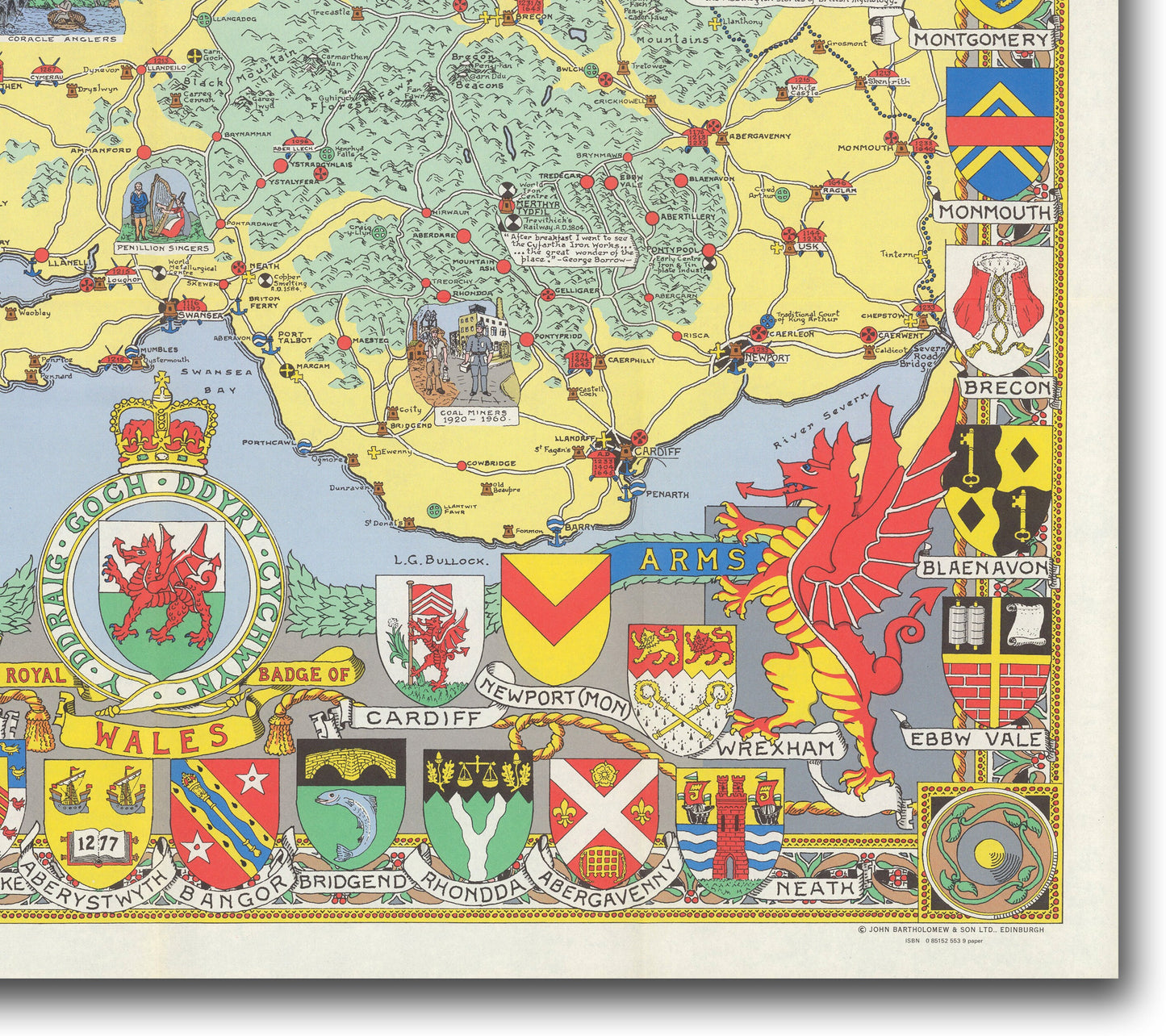 Historical Map of Wales and Monmouth | Old Map Wall Print | Holyhead | Llandudno | Rhyl | Birkenhead | Swansea |  Cardiff