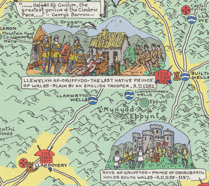 Historical Map of Wales and Monmouth | Old Map Wall Print | Holyhead | Llandudno | Rhyl | Birkenhead | Swansea |  Cardiff