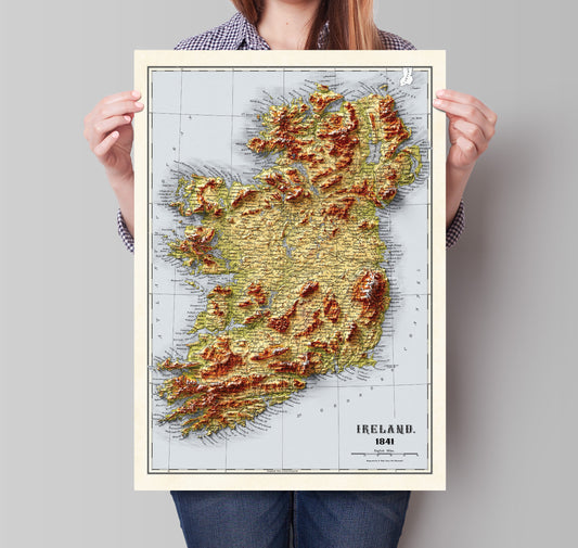 Ireland Map - Vintage 2D Shaded Relief Map - Irish Topographic Map- Bartholomew - Dublin, Limerick, Ulster, Connaught, Munster,Leinster