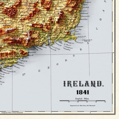 Ireland Map - Vintage 2D Shaded Relief Map - Irish Topographic Map- Bartholomew - Dublin, Limerick, Ulster, Connaught, Munster,Leinster